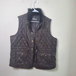 NEW Womens XL Quilted Fall Vest Brown Fur Collar Snap Button Drawstring Pockets